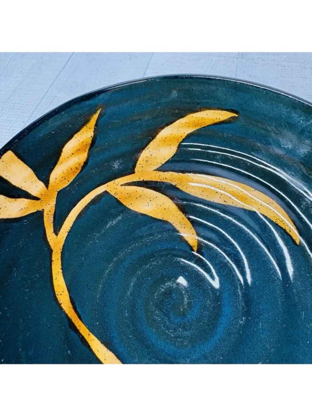 Pier 1 DAKARA Bamboo Leaf Yellow Rust Hand Painted Stoneware Plate & Bowl Set 2
